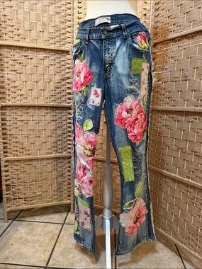 Denim Wide-Leg Jeans with Pink Floral Appliqué
